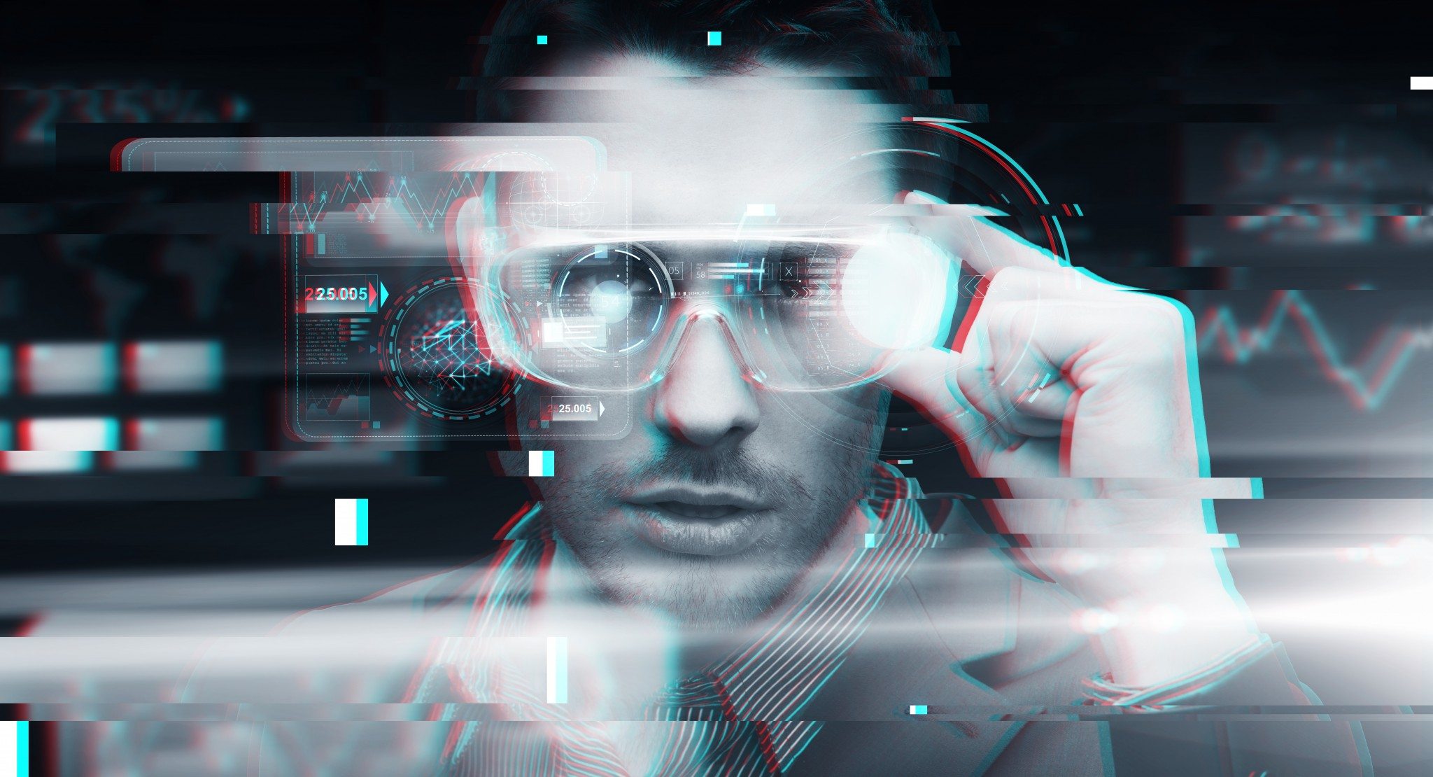 man in virtual reality or 3d glasses with glitch